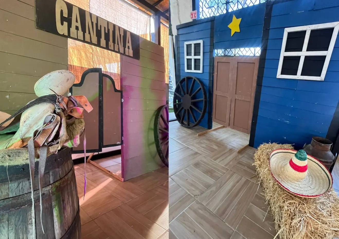 Escenografía Western con fachada de cantina, monturas, paja y una fachada azul del viejo oeste