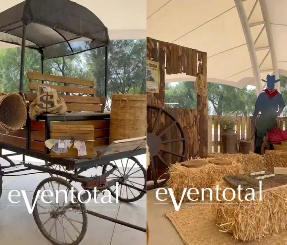 Montaje Western con carreta, pacas de paja y decoración inspirada en el viejo oeste